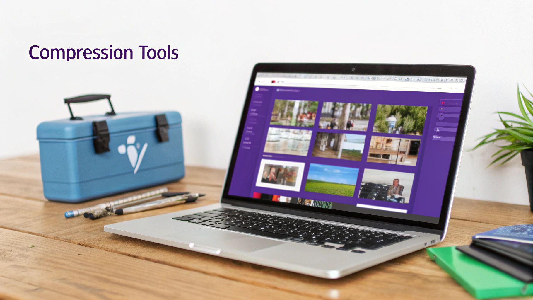 A laptop displaying an image gallery, a blue toolbox, and pens on a wooden desk with 'Compression Tools' text.