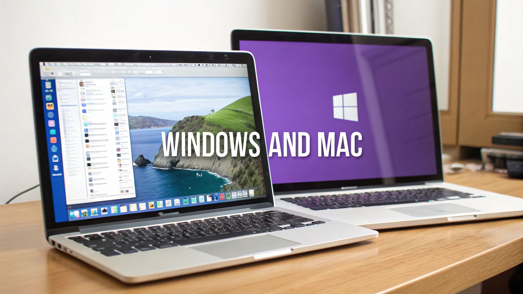 Two laptops, a MacBook running macOS and another displaying the Windows logo, on a wooden desk.