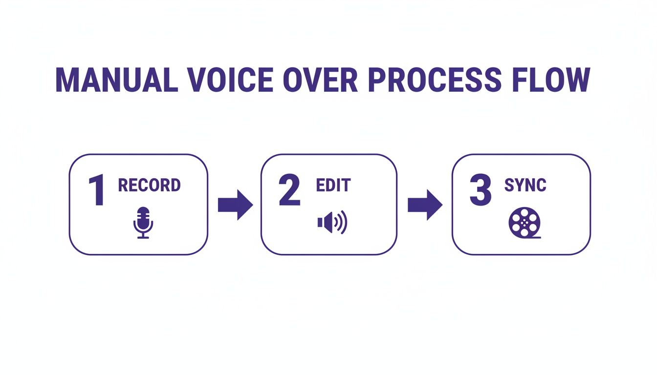 Manual voice over process flow diagram showing three steps: record, edit, and sync.