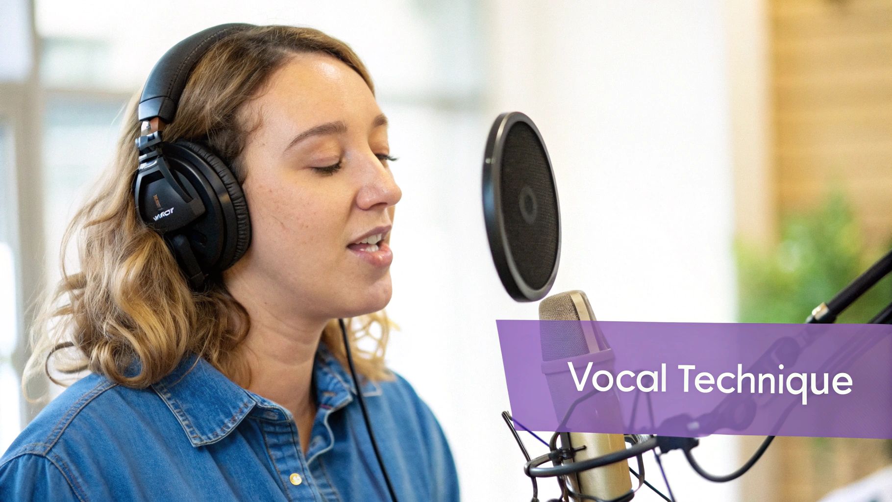 A woman wearing headphones records vocals into a studio microphone, with "Vocal Technique" overlay.
