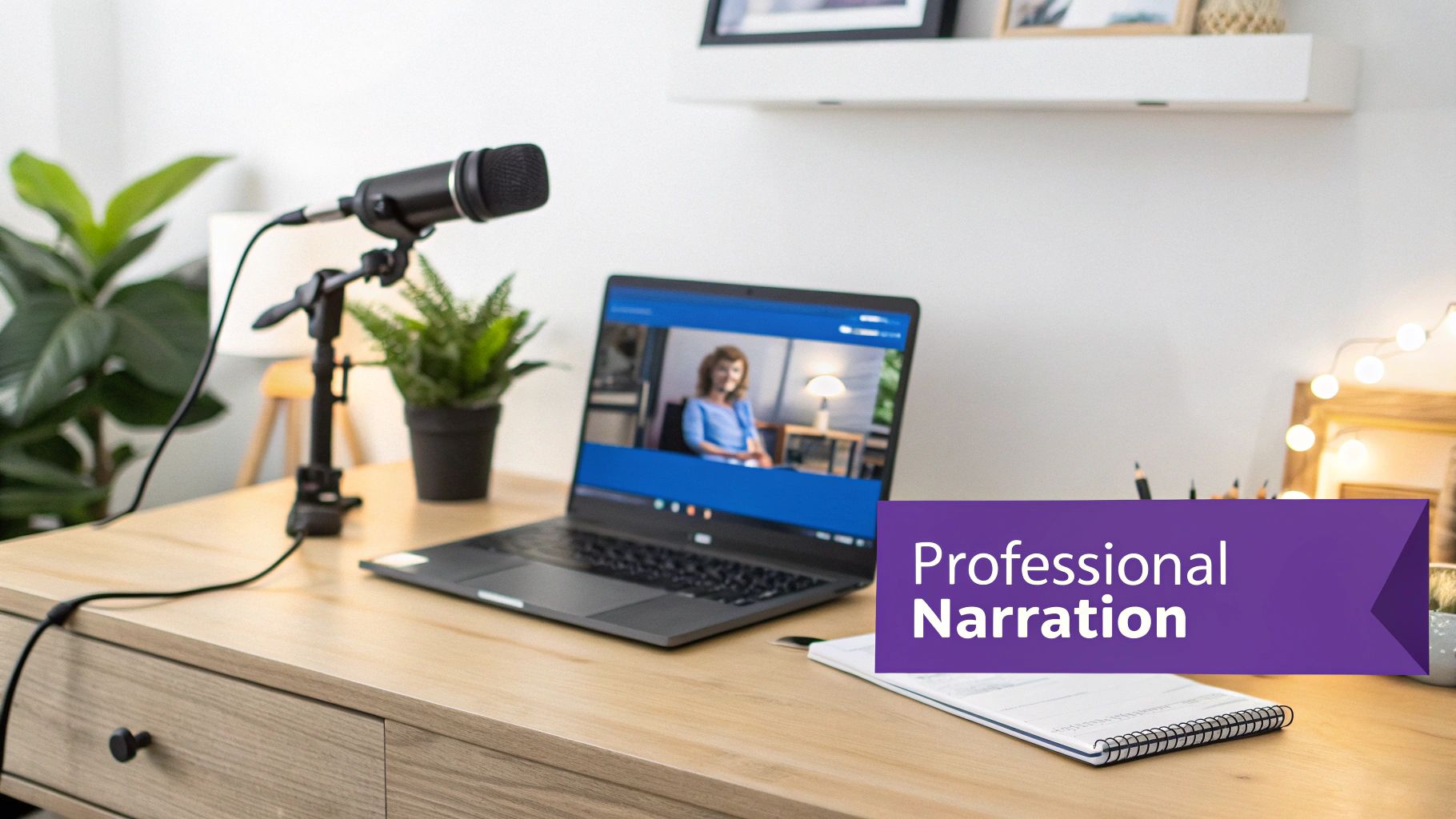 A desk with a microphone, a laptop displaying a video call, plants, and a banner reading 'Professional Narration'.