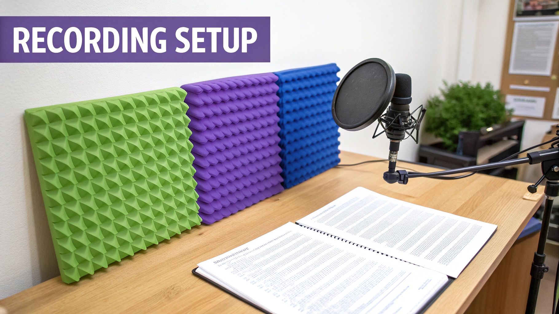 A professional voice-over recording setup with soundproofing foam panels, microphone, and script on a wooden desk.