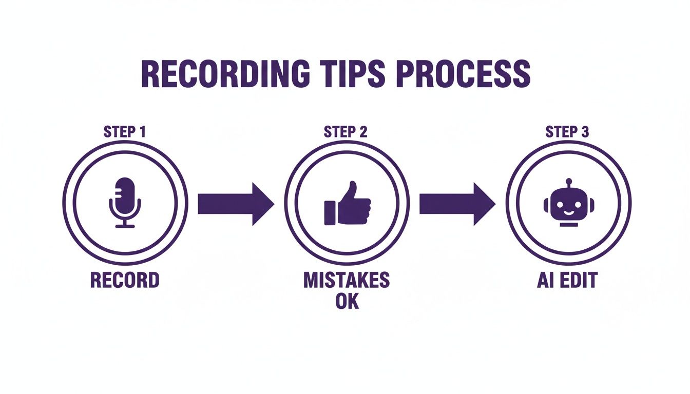 Three-step recording process: Record, mistakes okay, then AI edit with a microphone, thumbs-up, and robot icon.