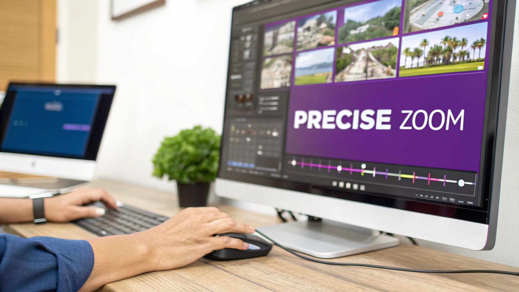 Hands operating a keyboard and mouse, editing video with a 'PRECISE ZOOM' feature on a monitor.