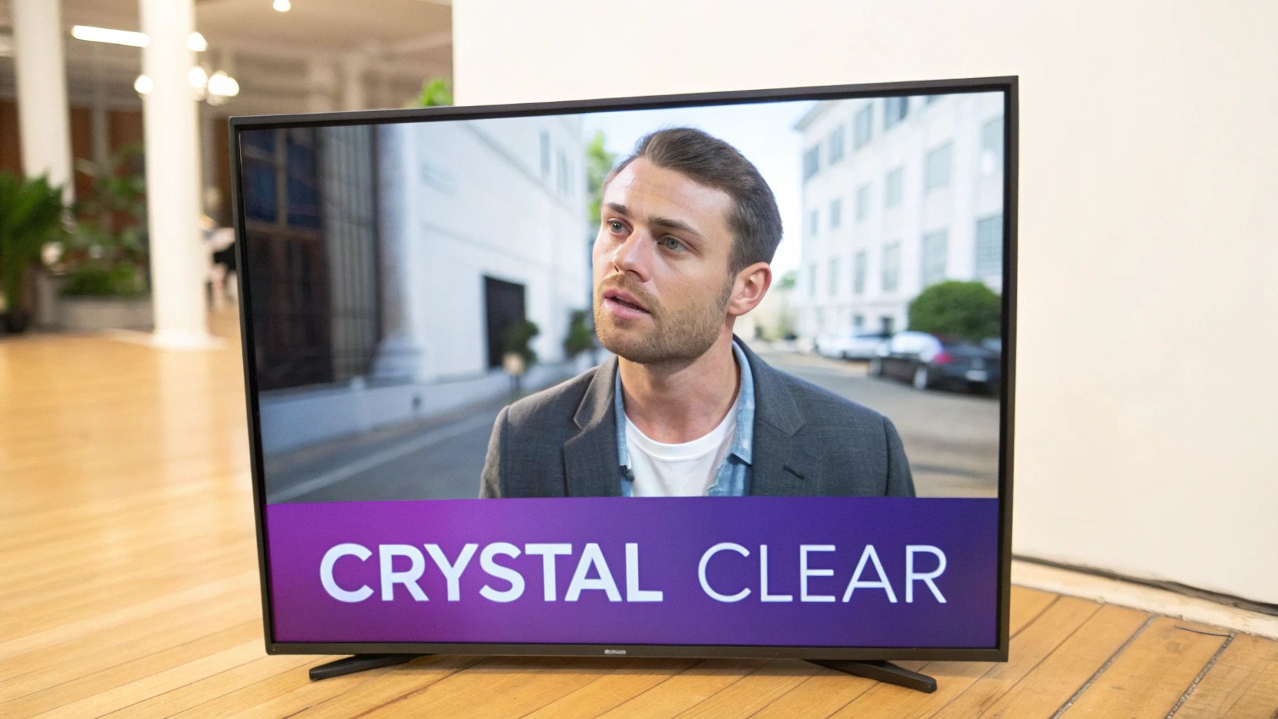 A modern TV screen displays a man in a city street with 'CRYSTAL CLEAR' text.