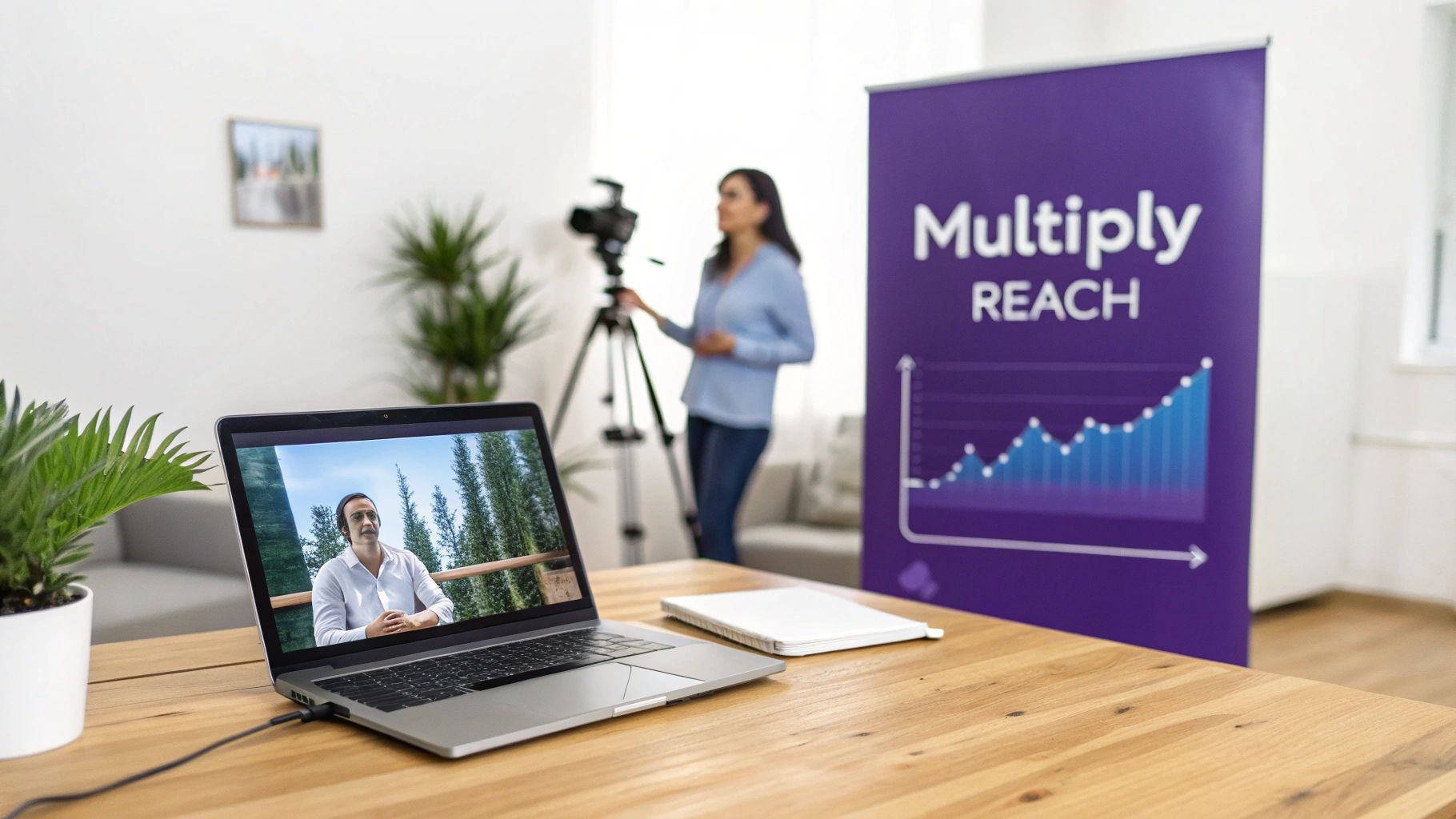 A laptop displays a speaker, part of a professional webinar recording setup with a camera and banner.
