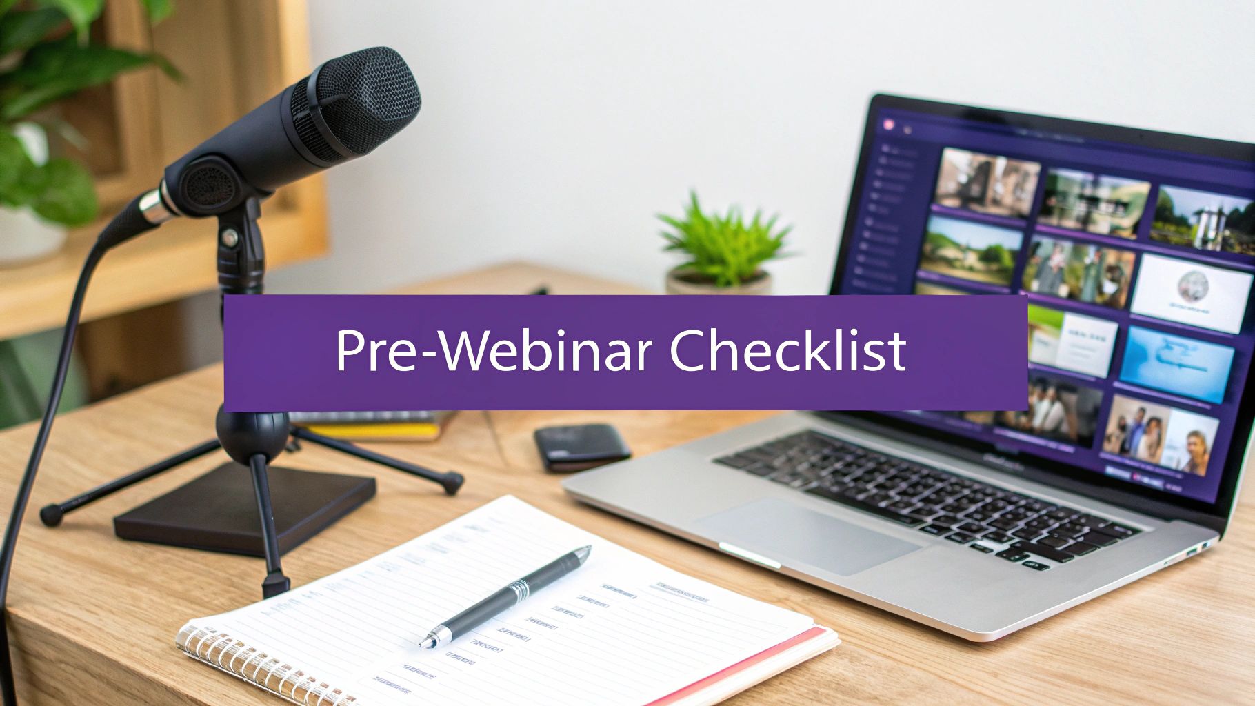 A desk with a microphone, laptop showing videos, notebook, and a 'Pre-Webinar Checklist' banner.