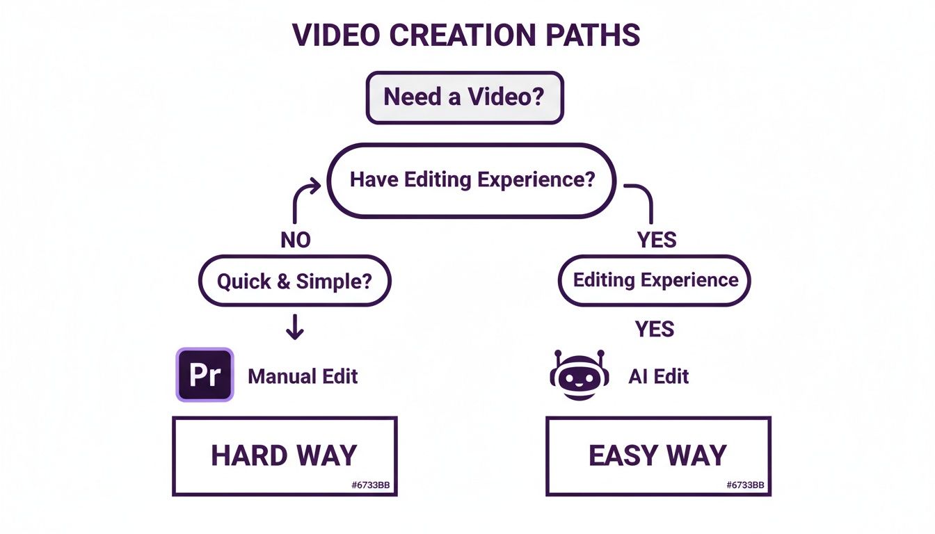 Flowchart outlining two video creation paths: manual editing (hard way) and AI editing (easy way).