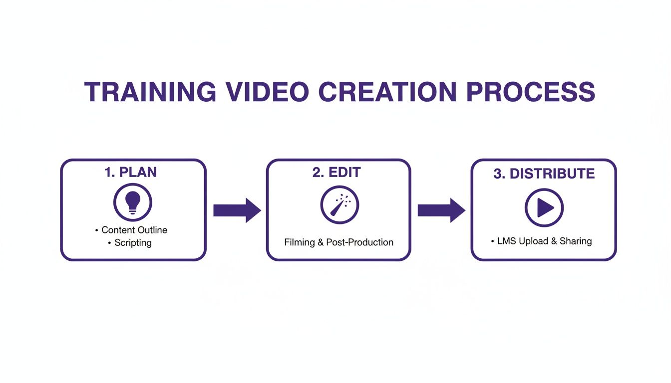 A flowchart outlining the three-step training video creation process: Plan, Edit, and Distribute.