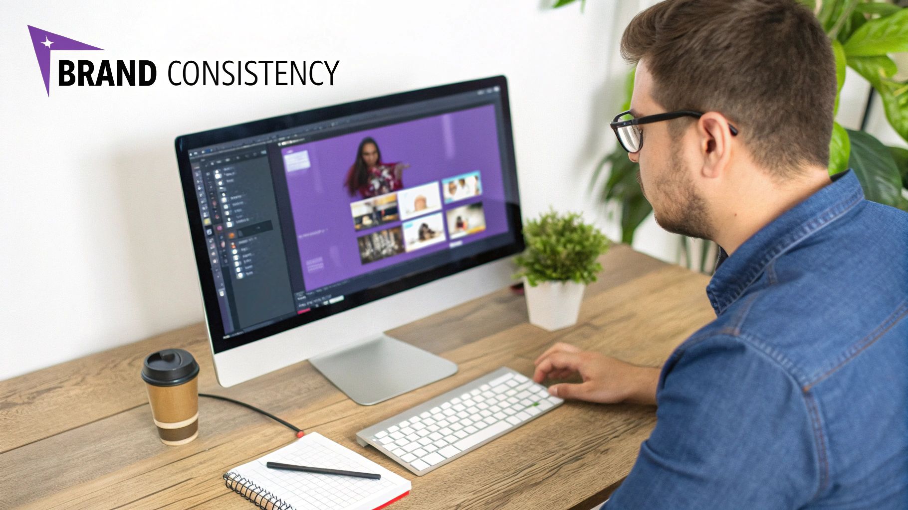 A man in glasses works on a computer, creating or editing content for brand consistency.