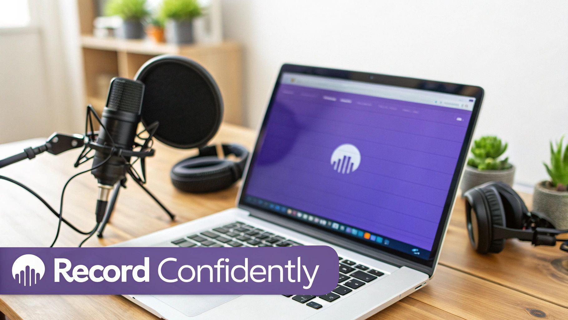 A professional audio recording setup with a microphone, pop filter, headphones, and laptop on a wooden desk.