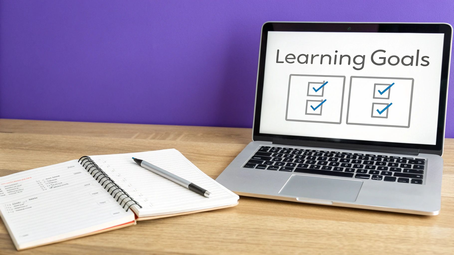 A laptop displaying "Learning Goals" with checked boxes, a notebook, and pen on a wooden desk.