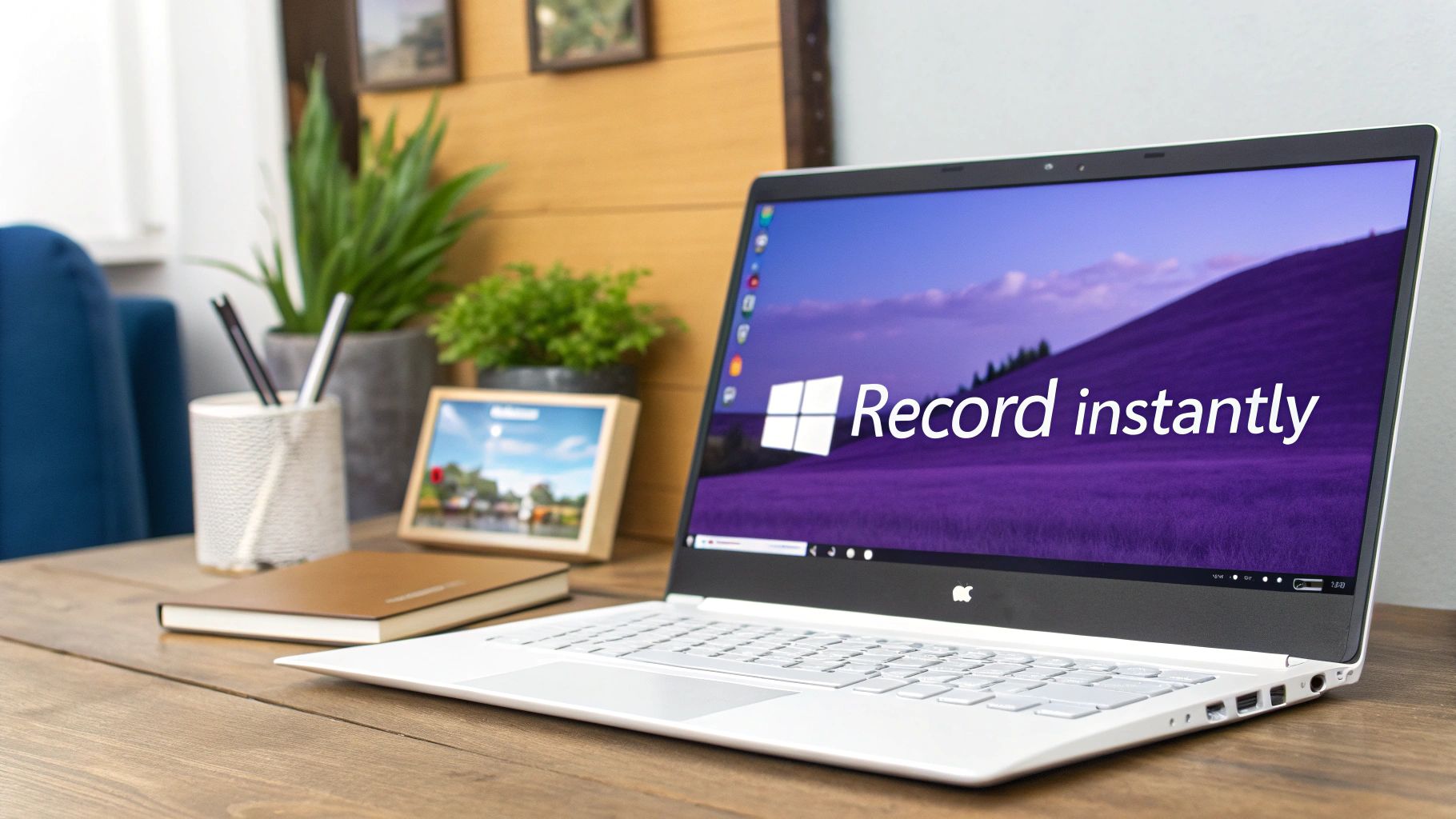 A white laptop displaying a Windows logo and 'Record instantly' on a purple field background.