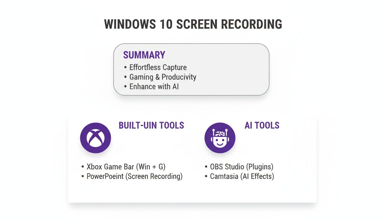 Infographic summarizing Windows 10 screen recording features, built-in tools, and AI tools.