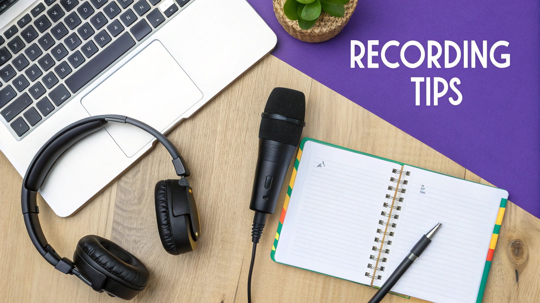 Overhead view of a laptop, headphones, microphone, notebook, and pen on a desk for recording.