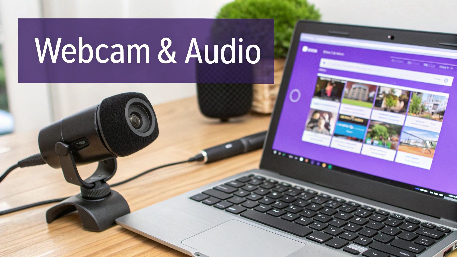 External webcam and microphone connected to a laptop displaying video content, with 'Webcam & Audio' text.