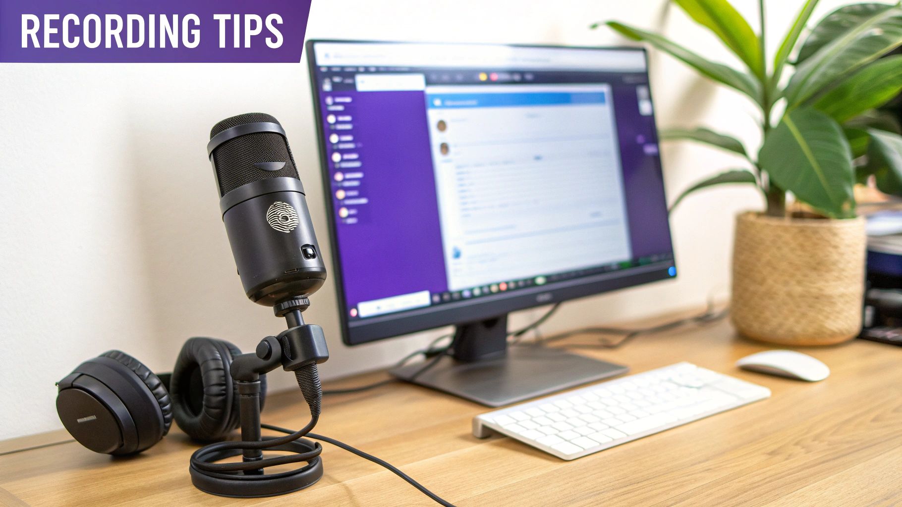 A modern workspace desk with a black microphone, headphones, computer monitor, keyboard, and a green plant, with 'RECORDING TIPS' overlay.