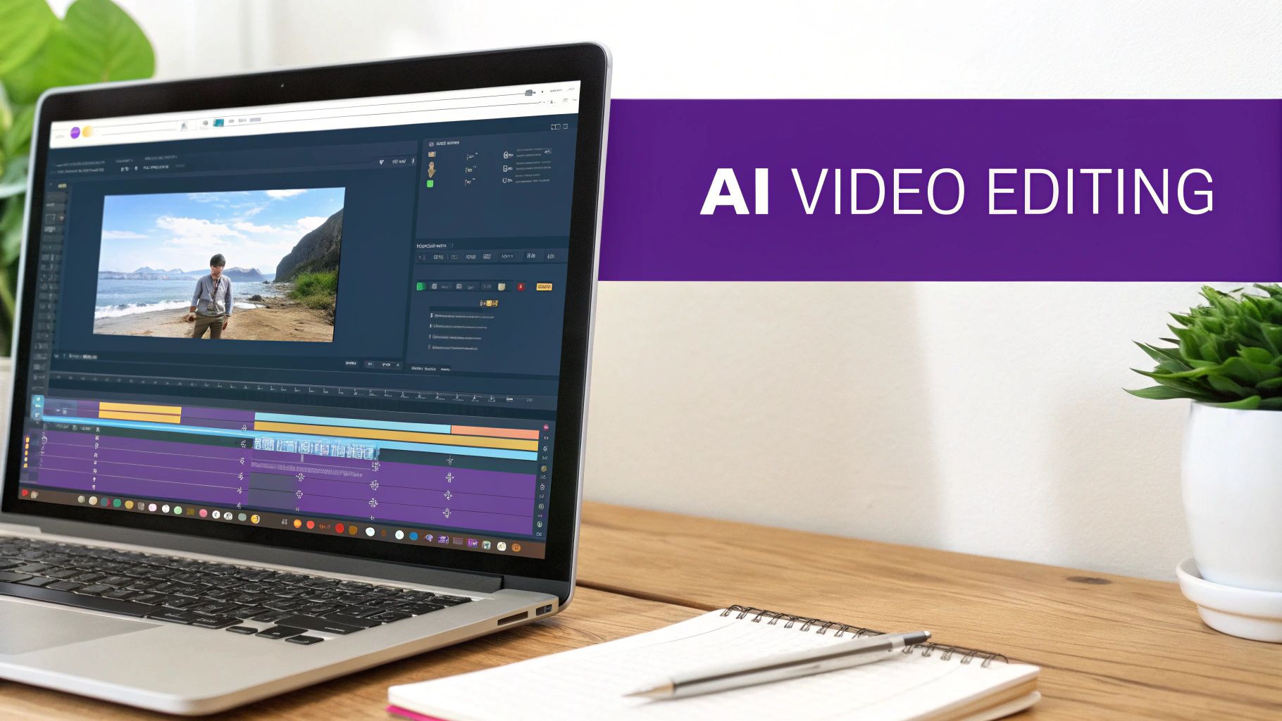Laptop displaying AI video editing software with a beach scene, a notebook, and a plant on a wooden desk.