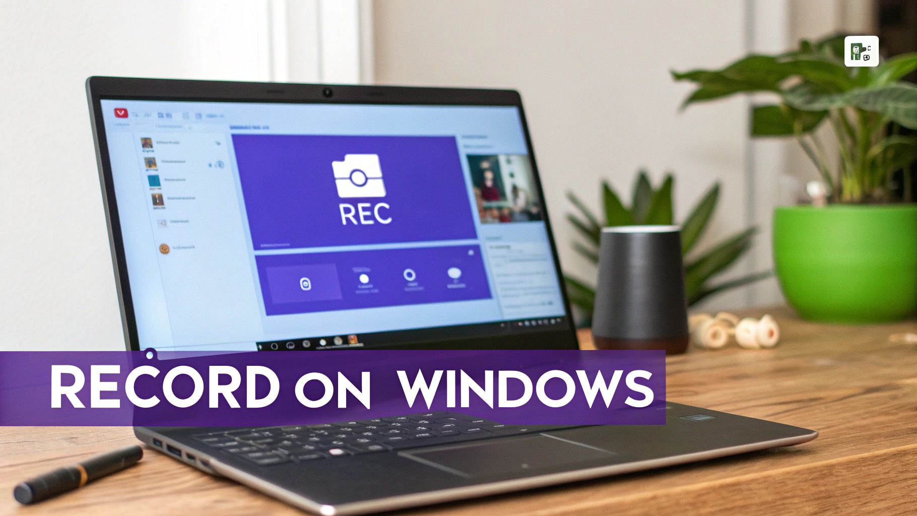 A laptop displaying screen recording software with a large 'REC' icon and 'RECORD ON WINDOWS' text.