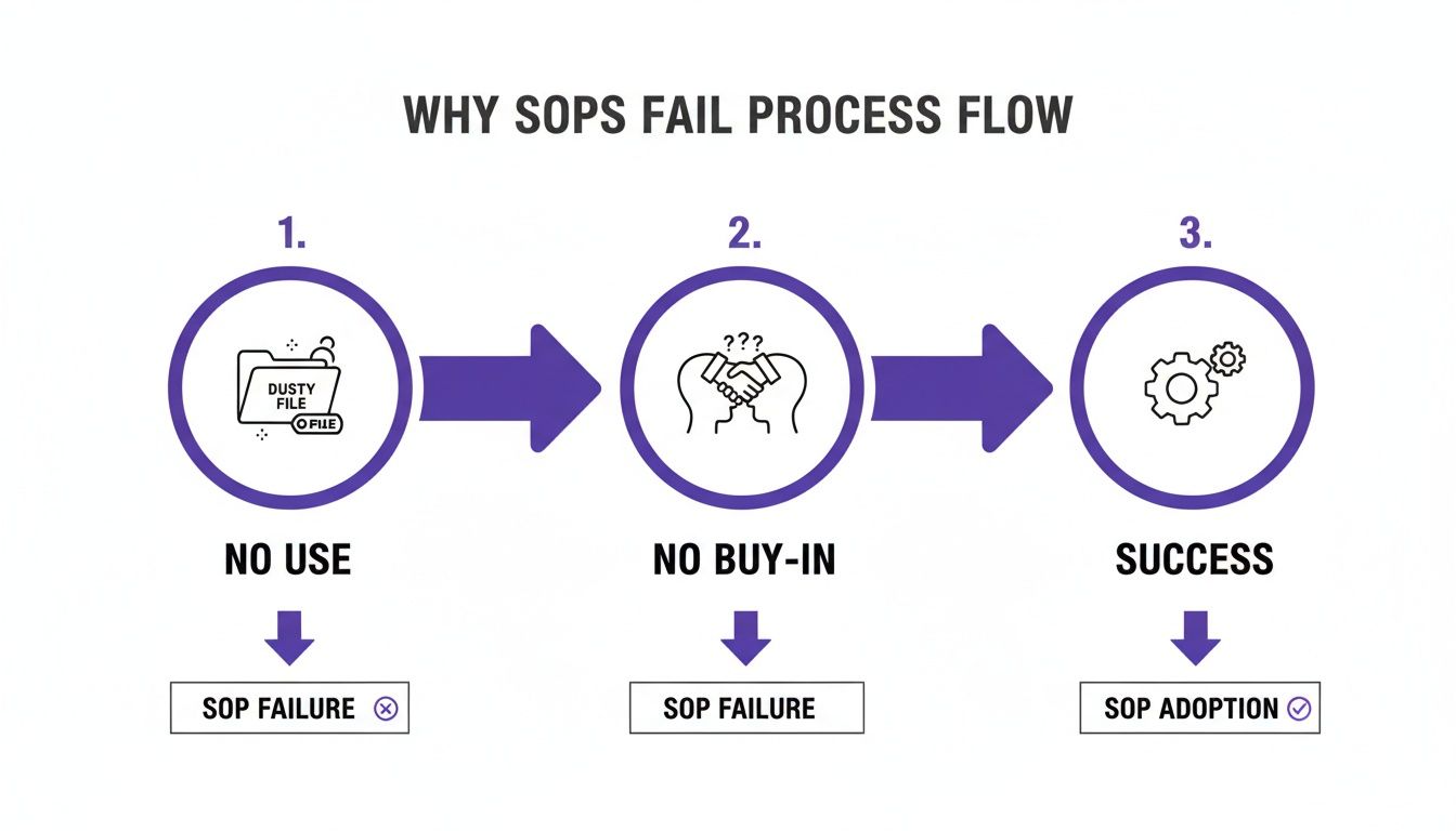 Process flow illustrating why Standard Operating Procedures fail due to no use or no buy-in, leading to success with adoption.