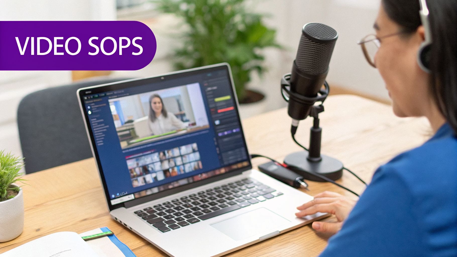 A woman with headphones editing video SOPs on a laptop with a professional microphone setup.