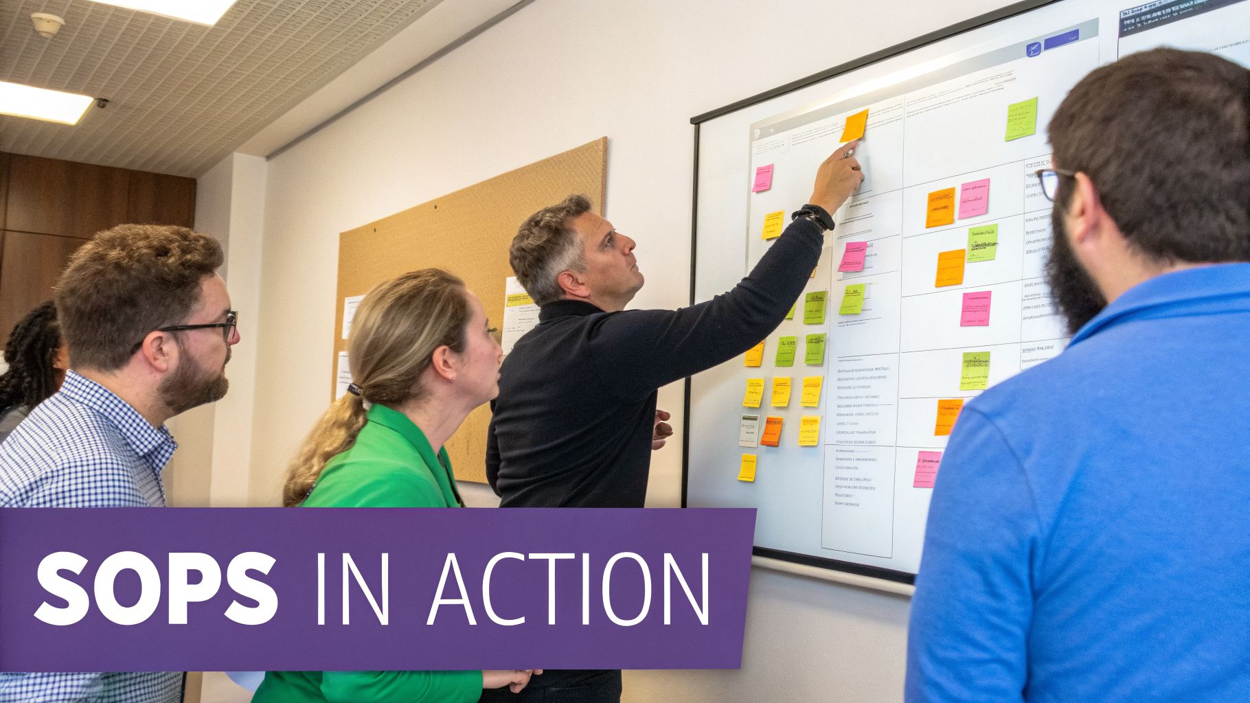 A diverse group of professionals actively collaborating around a whiteboard filled with colorful sticky notes, strategizing and planning.