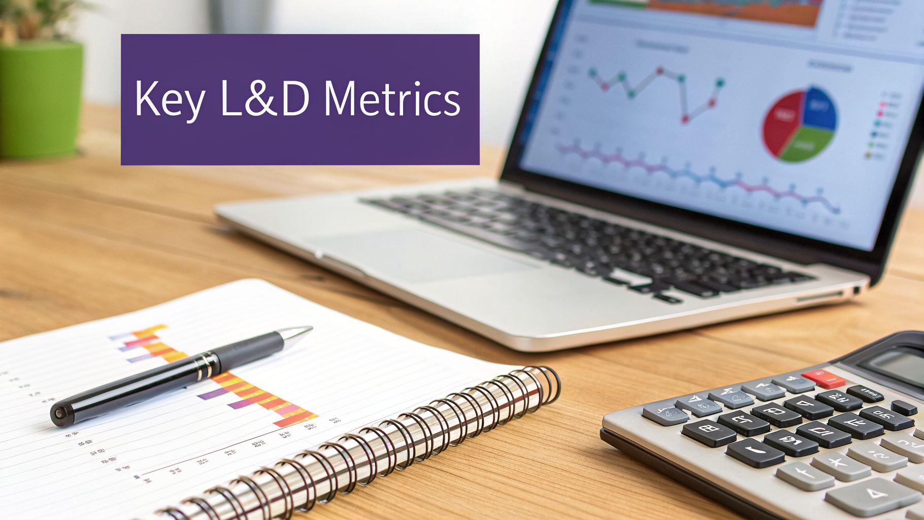 Desk with laptop displaying charts, notebook, pen, and calculator, highlighting L&D metrics.