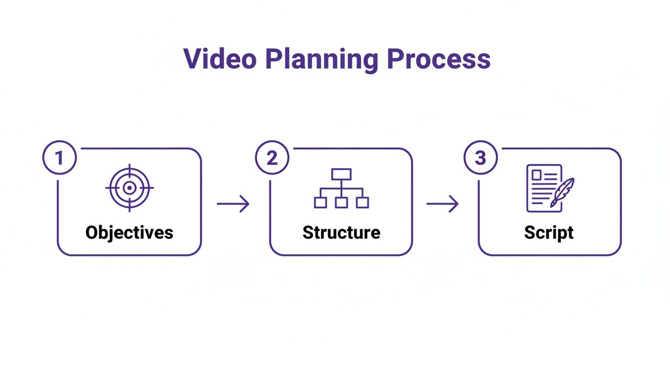 A three-step diagram outlining the video planning process: objectives, structure, and script.