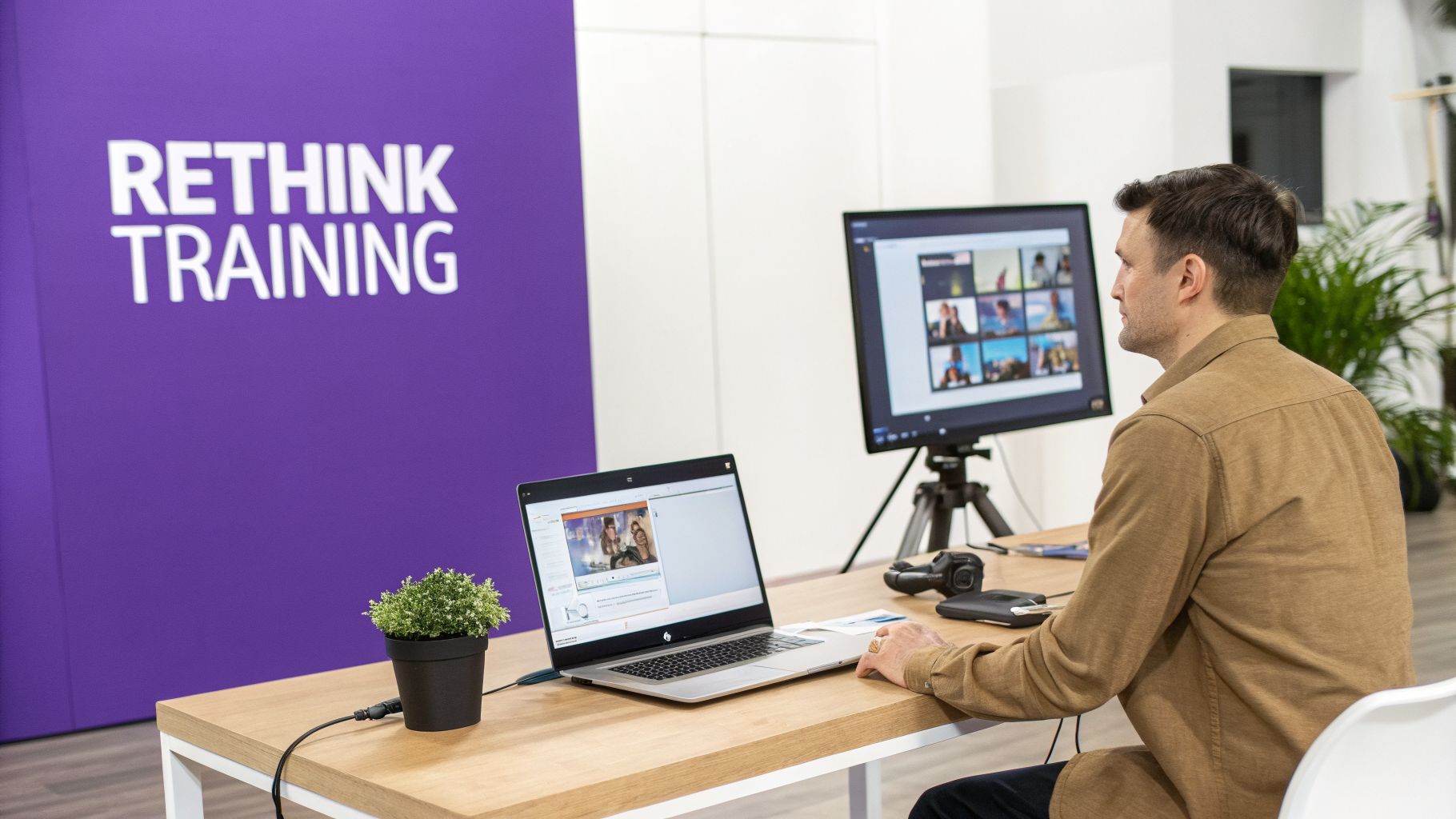 A man at a desk with a laptop and monitor showing video content, with a 'Rethink Training' banner.