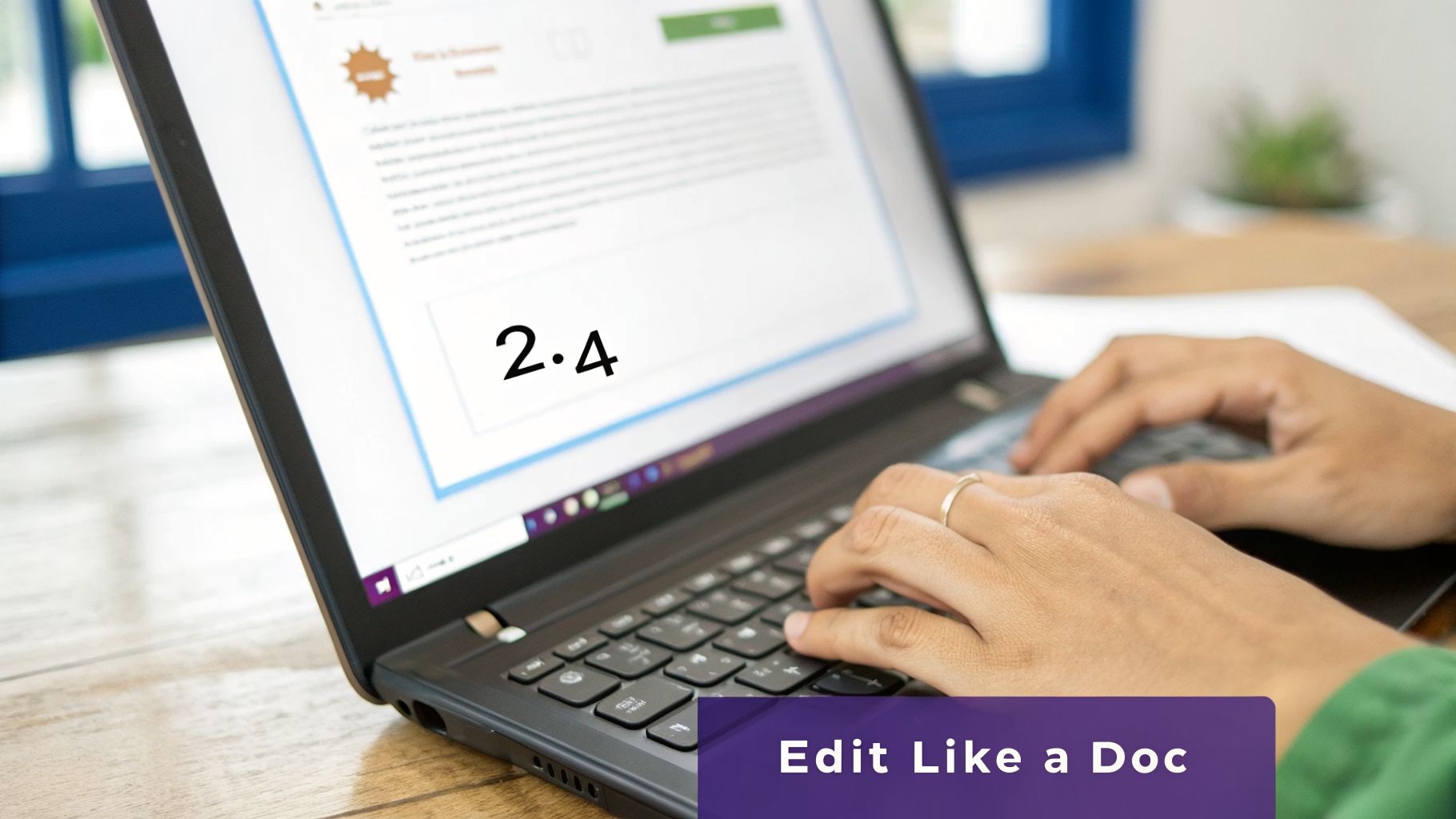 Close-up of hands typing on a black laptop, displaying a document with '2.4' and other text.