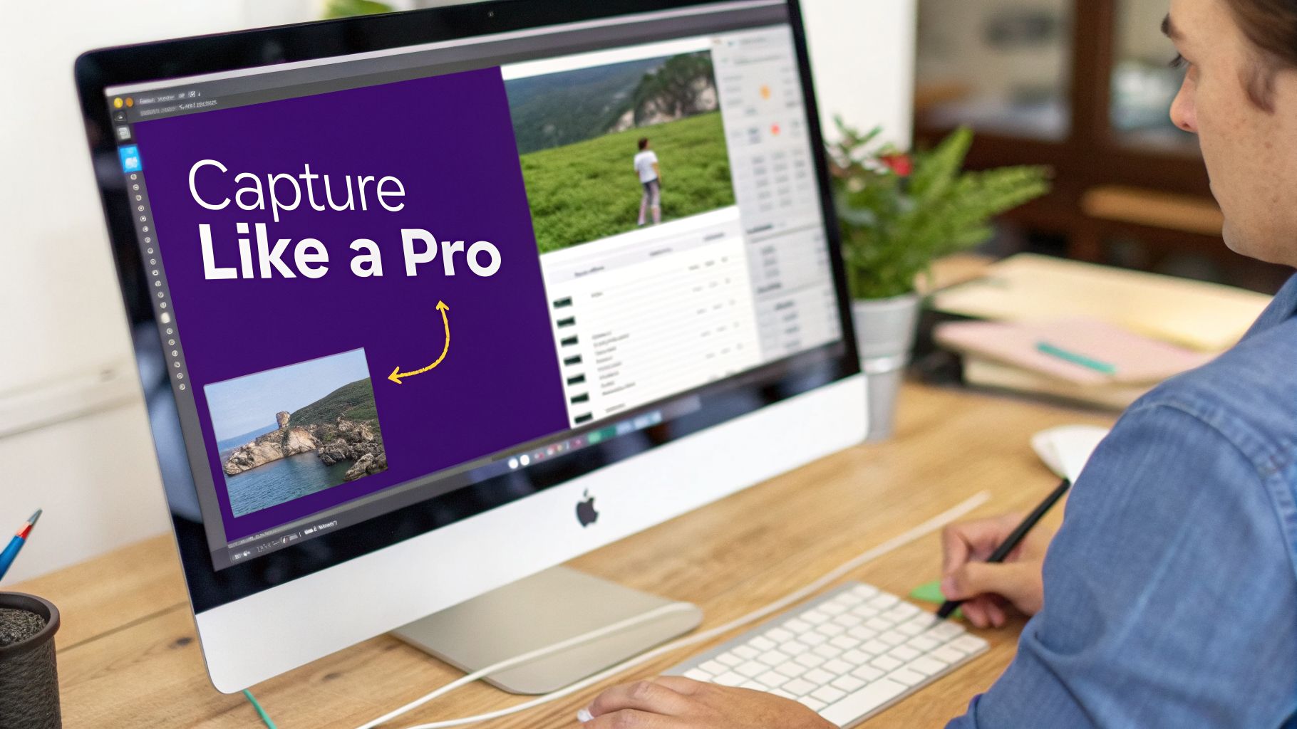 Person editing photos on an Apple iMac computer, with 'Capture Like a Pro' text and scenic images.