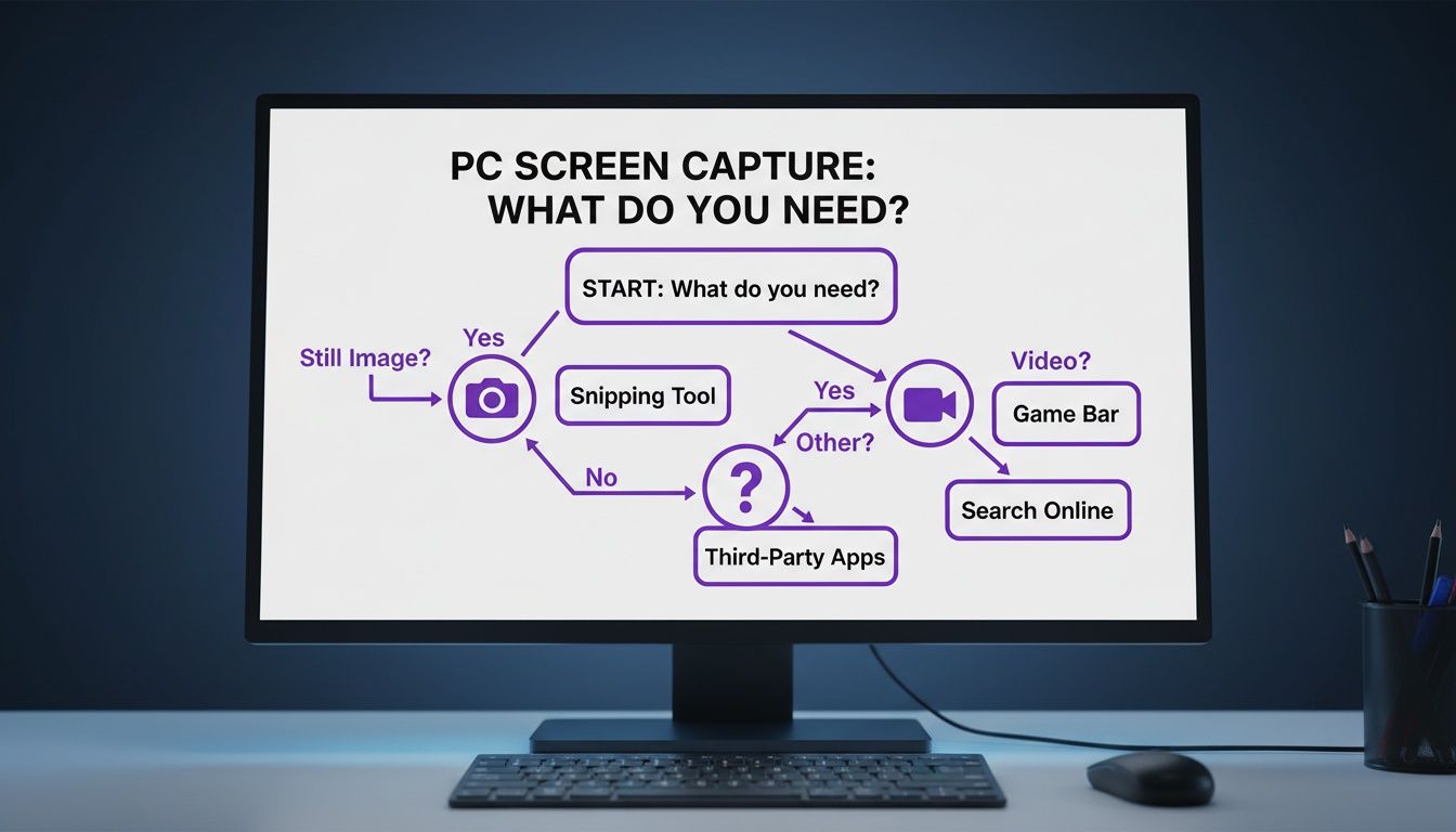 Flowchart on a monitor detailing tools for PC screen capture, including still images and video options.