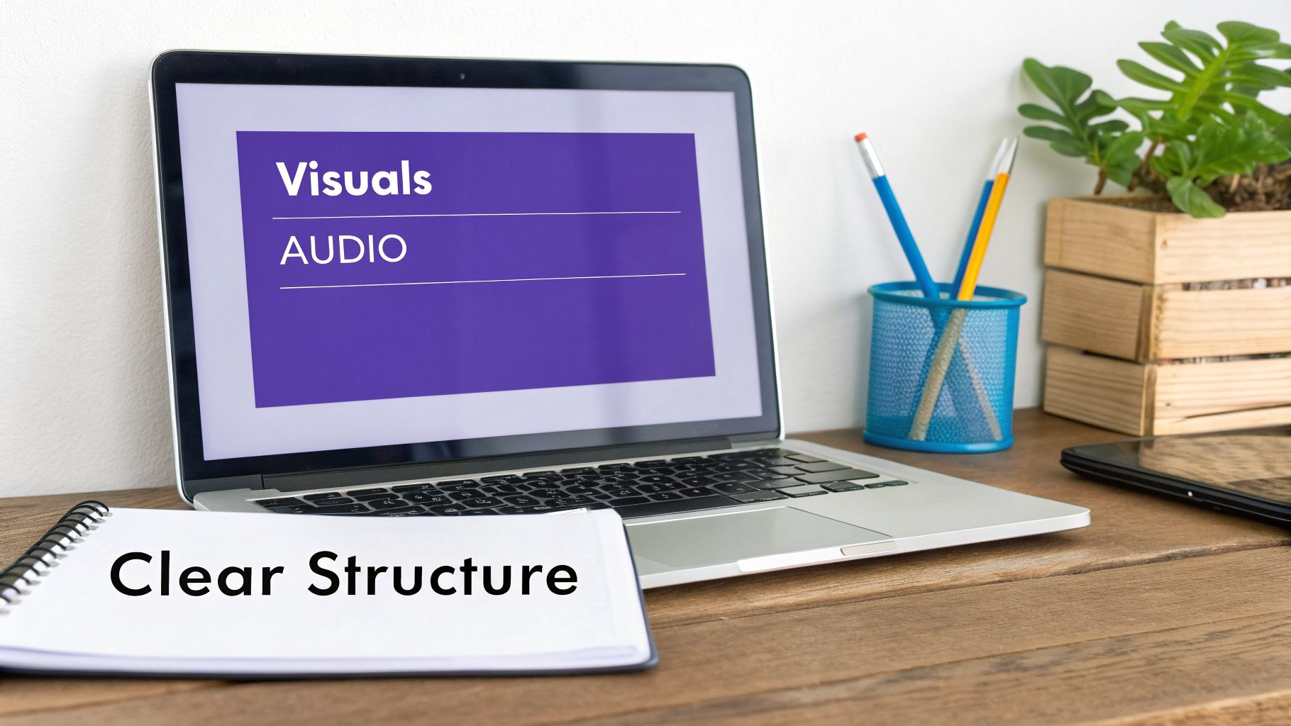 A laptop screen displays 'Visuals' and 'AUDIO', with a notebook open to 'Clear Structure' on a wooden desk.