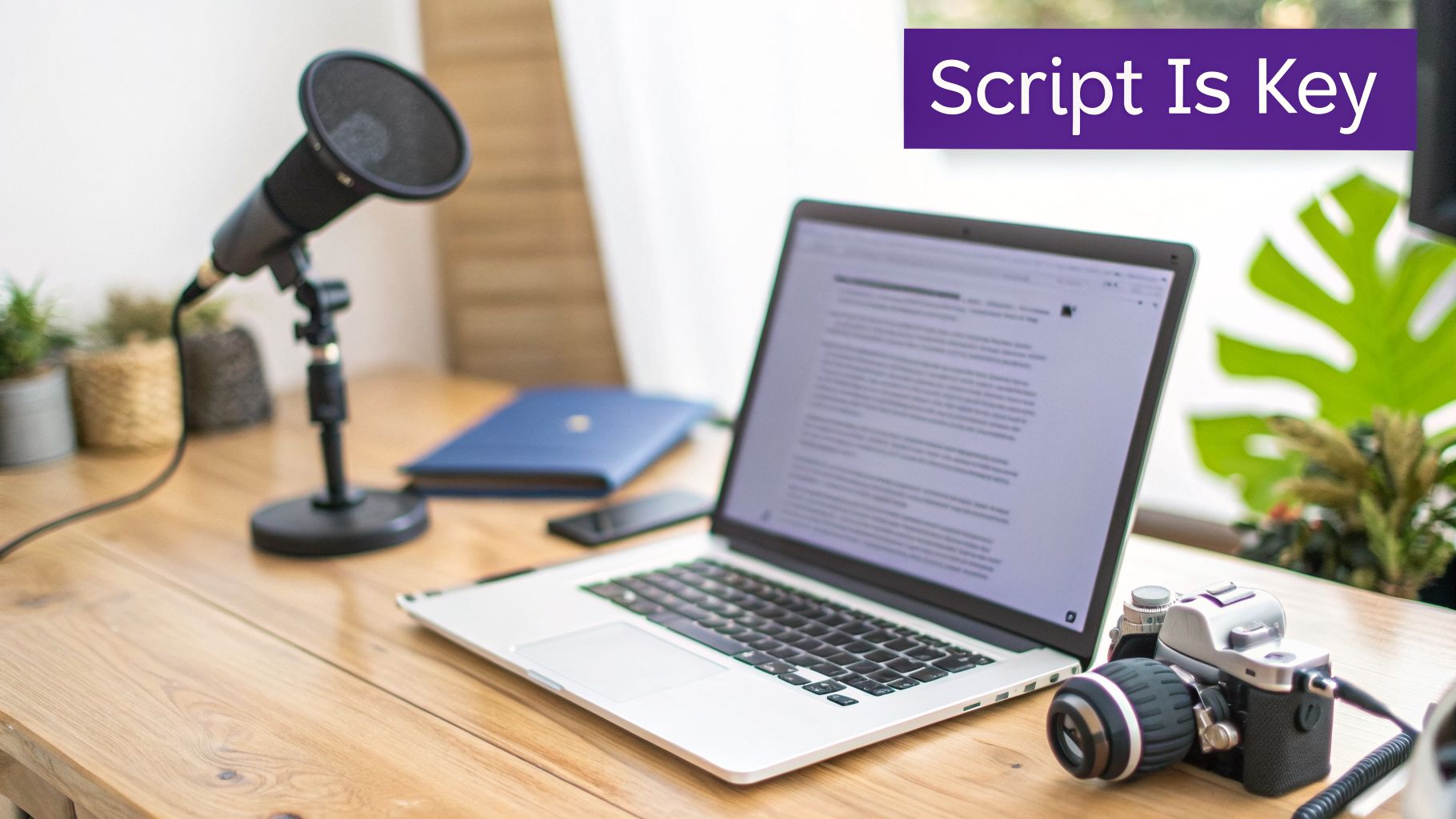 A desk setup for content creation with a microphone, laptop showing a script, camera, and plants.