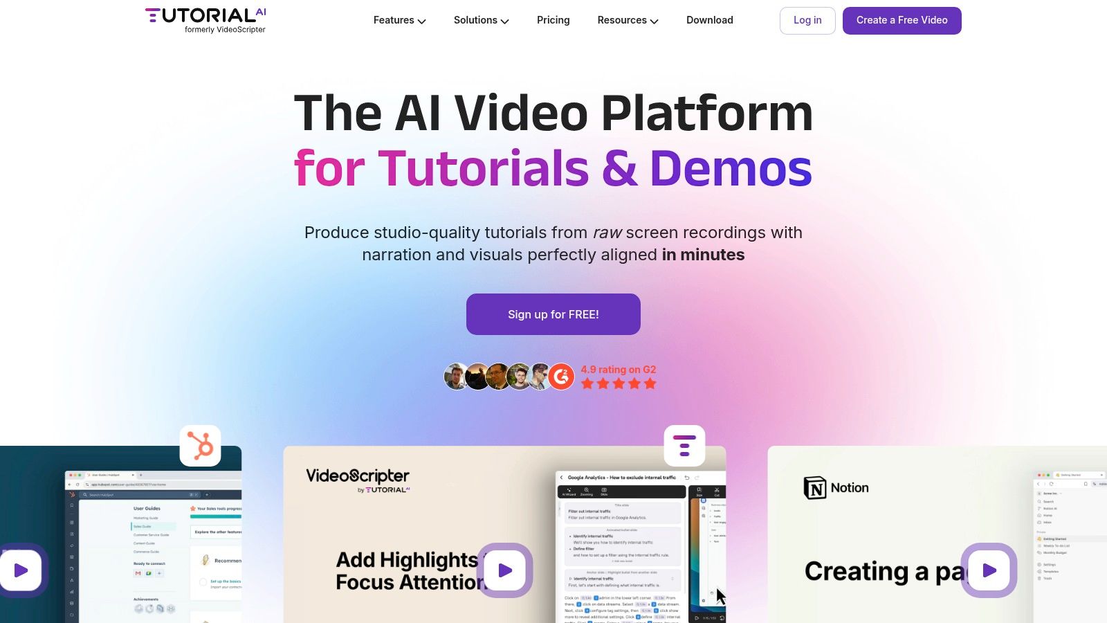 Tutorial AI interface showing an editor with a script, video preview, and timeline.