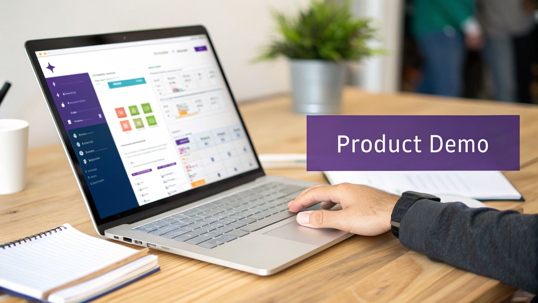 A person's hand on a laptop displaying a software dashboard, with a 'Product Demo' banner.