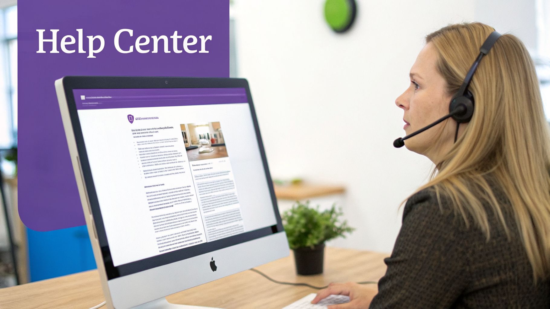 A woman wearing a headset works at a computer, providing customer support in a help center.