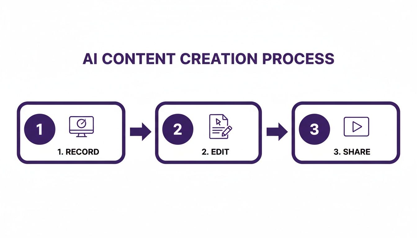 A three-step diagram illustrating the AI content creation process: record, edit, and share.