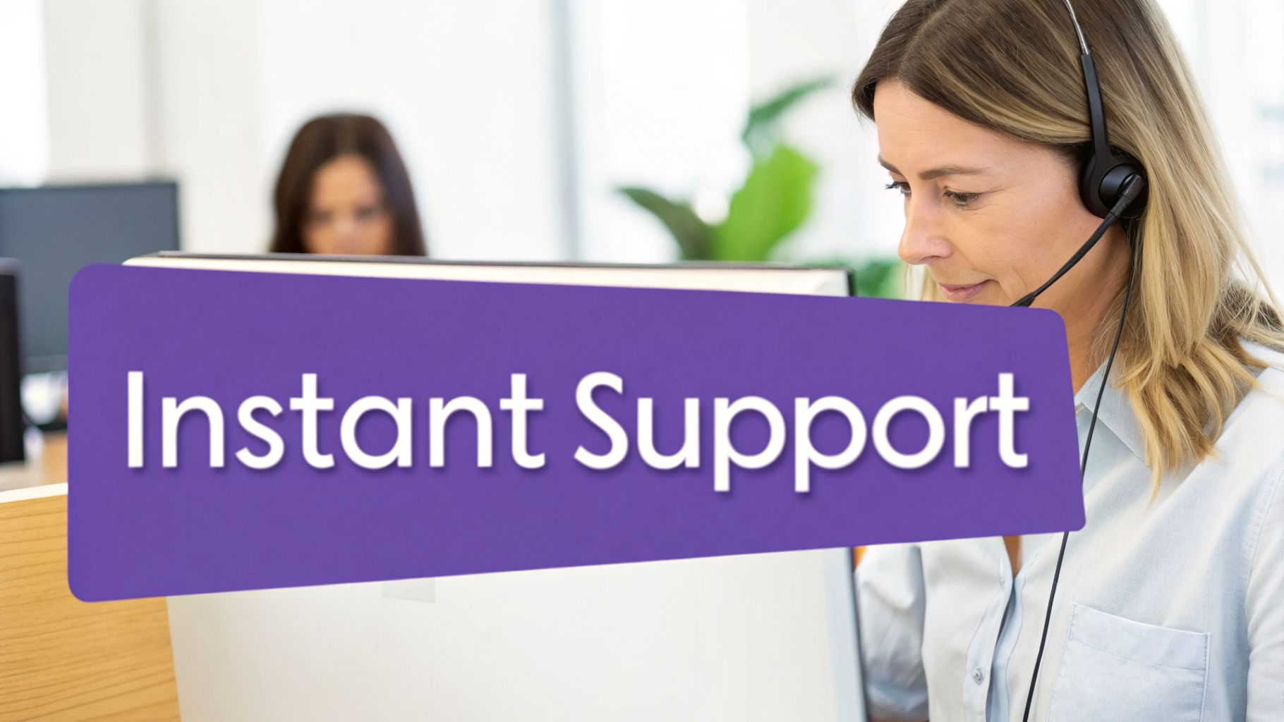 A female customer service representative wearing a headset, providing instant support at her desk.