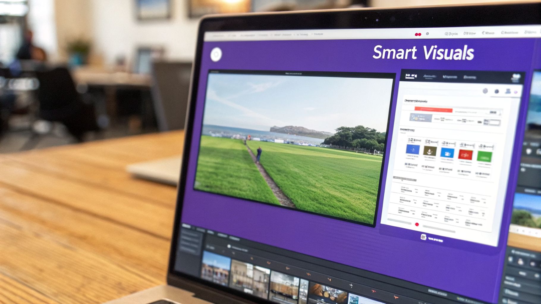 Laptop screen displaying video editing software with a landscape video and 'Smart Visuals' interface.