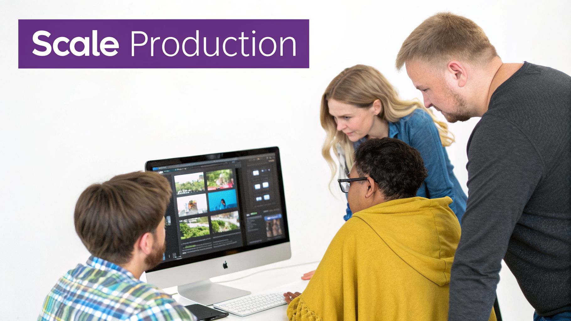 Four diverse people collaborate around a computer displaying video content with 'Scale Production' banner.