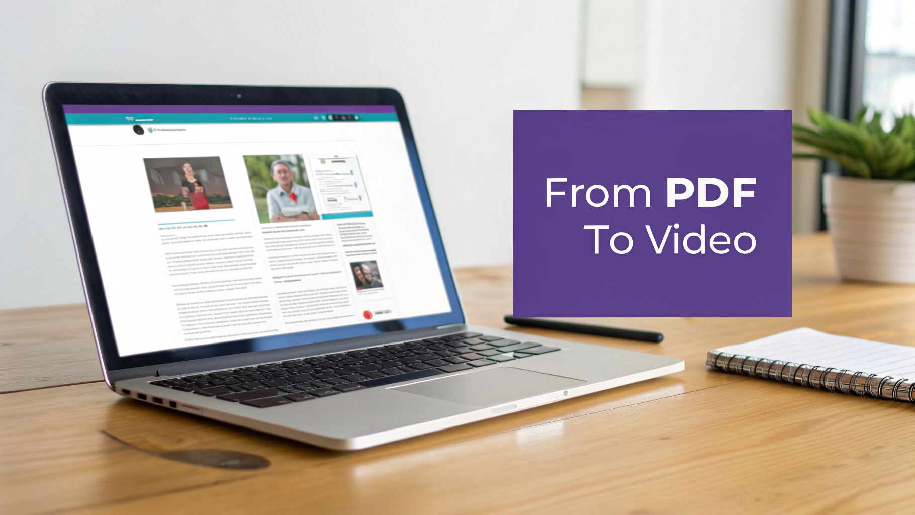 Laptop on a wooden desk showcasing a document, with a purple overlay reading 'From PDF To Video'.