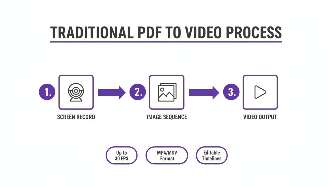 Flowchart illustrating the traditional PDF to video conversion process: screen record, image sequence, video output.