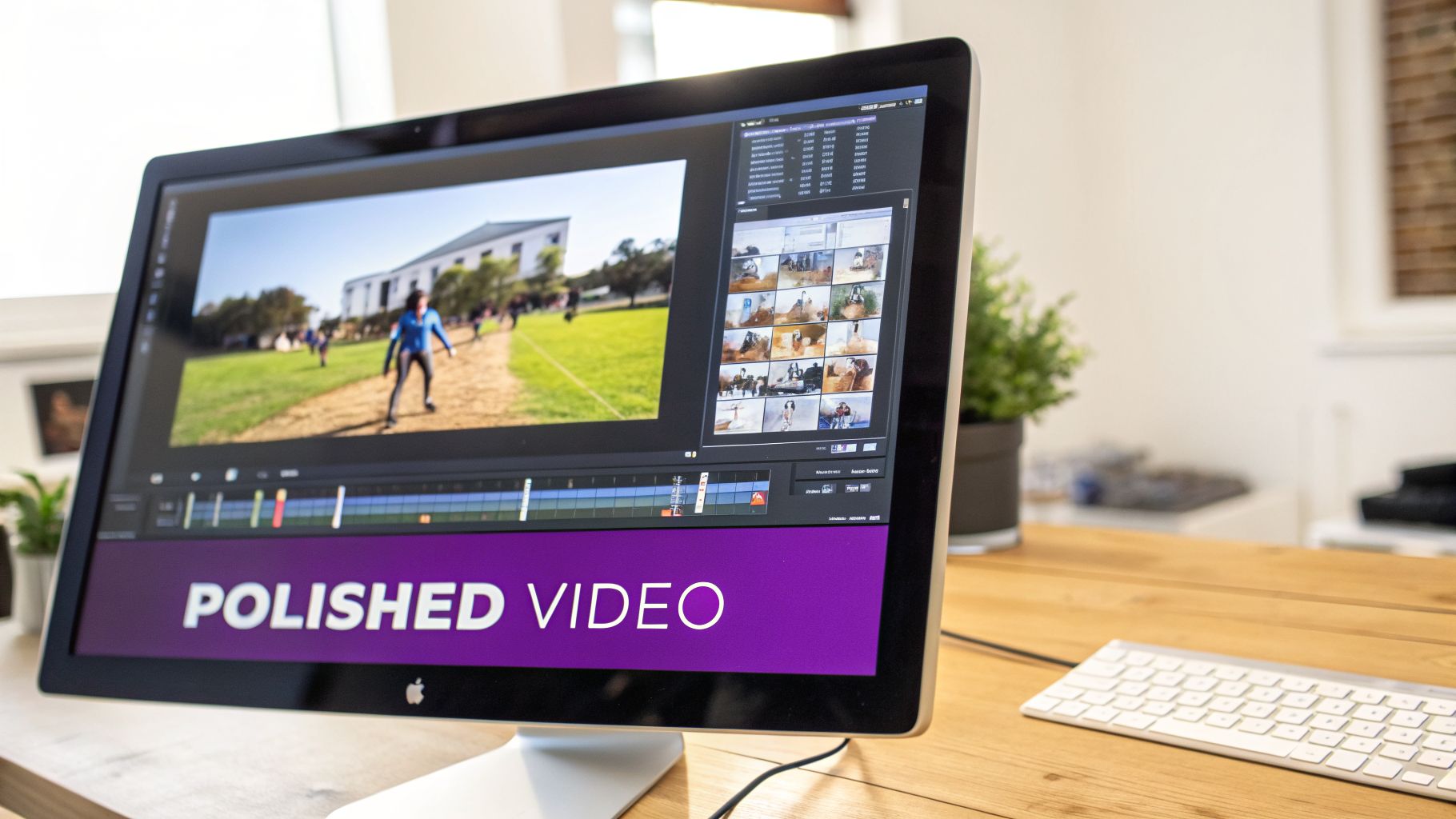 A person uses an Apple iMac to edit a video with a 'POLISHED VIDEO' banner on screen.
