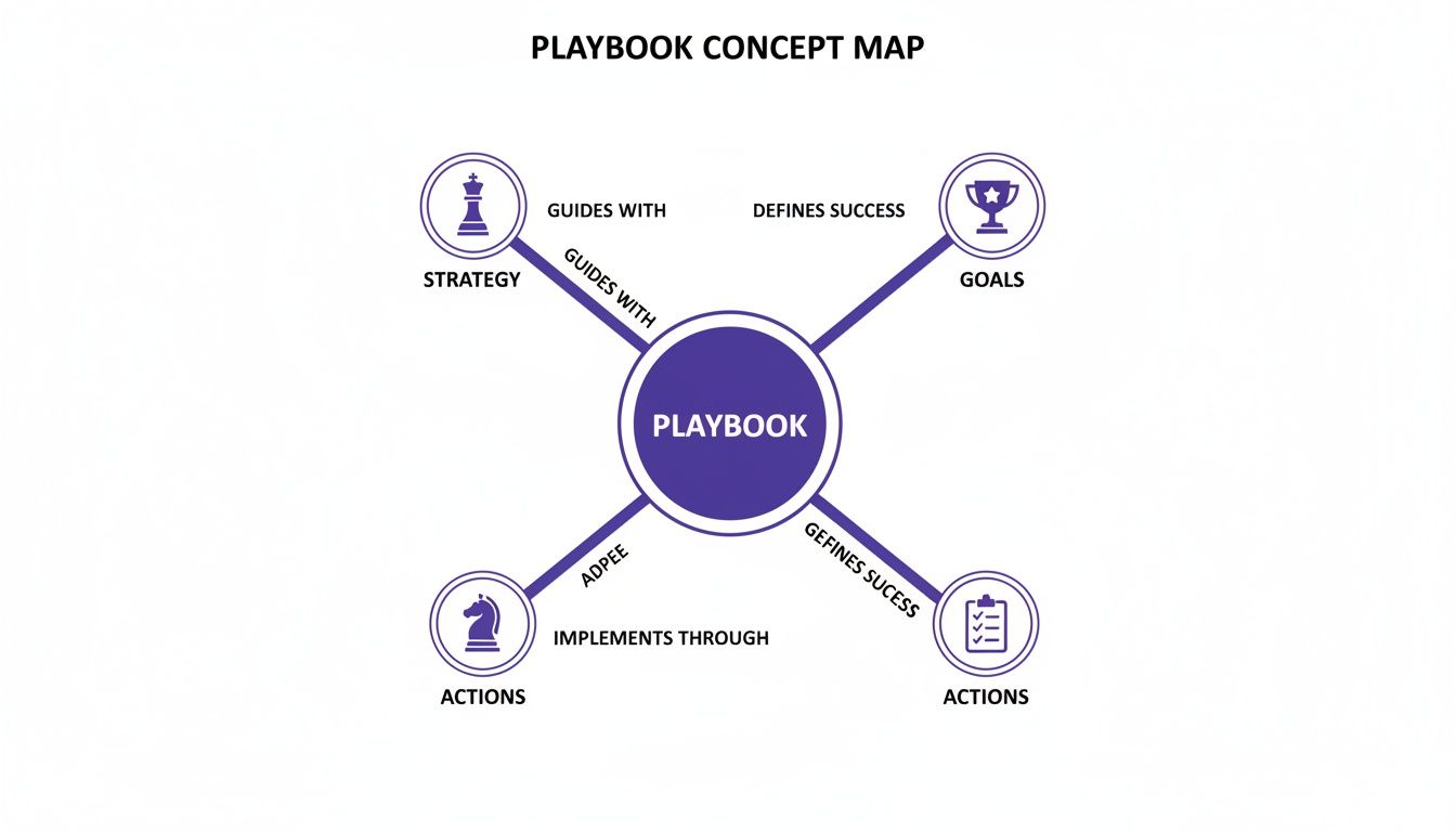 A concept map showing Playbook at the center, guiding strategy, defining goals, and implementing actions.