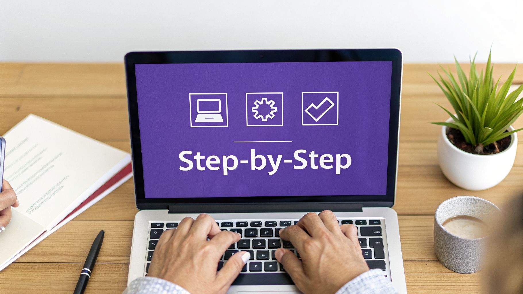 Hands typing on a laptop showing 'Step-by-Step' guide with icons on a wooden desk.