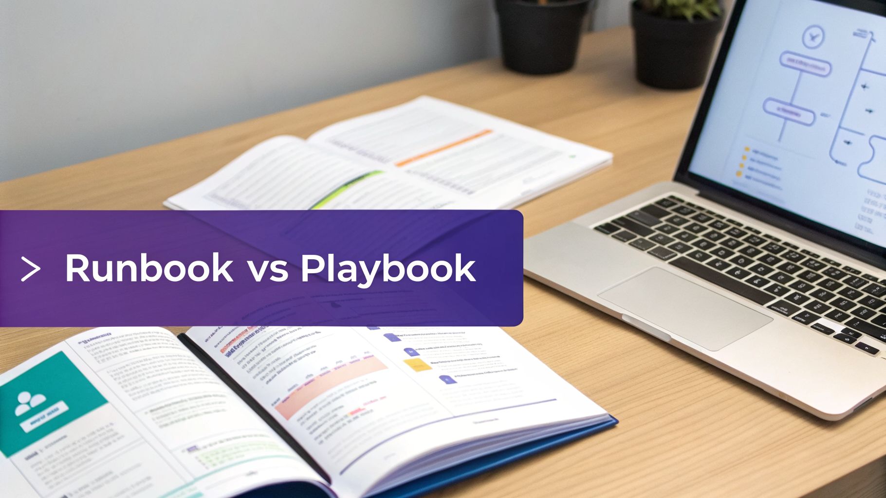 A desk with open books and a laptop, featuring a banner: Runbook vs Playbook.