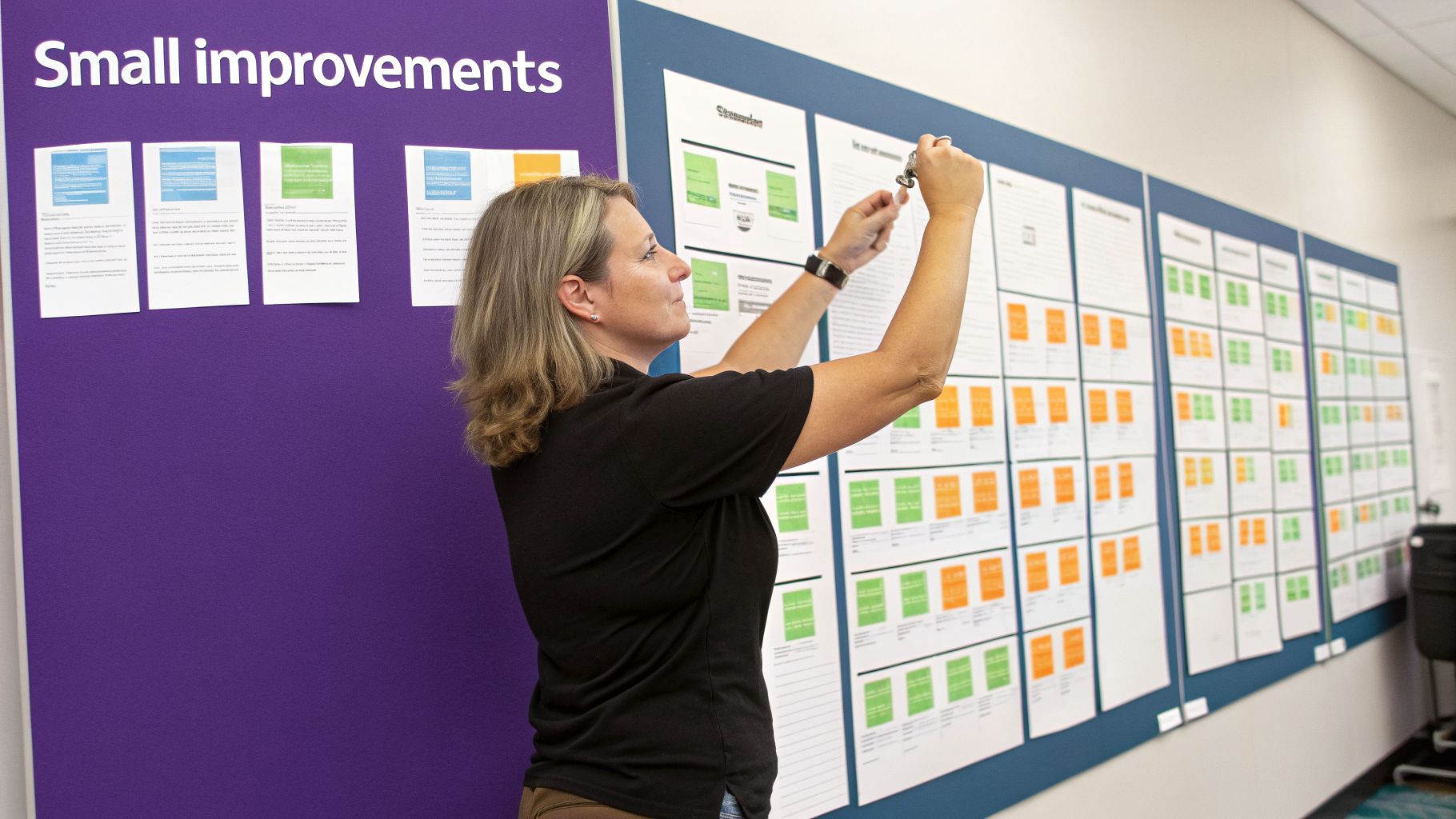 Woman placing a marker on a large project board discussing small improvements.