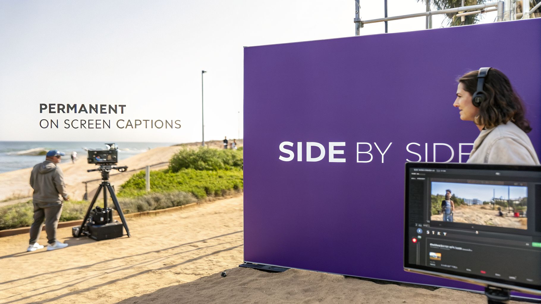 A film crew member records video on a beach while another person monitors the footage on a screen, with 'Permanent On-Screen Captions' displayed.