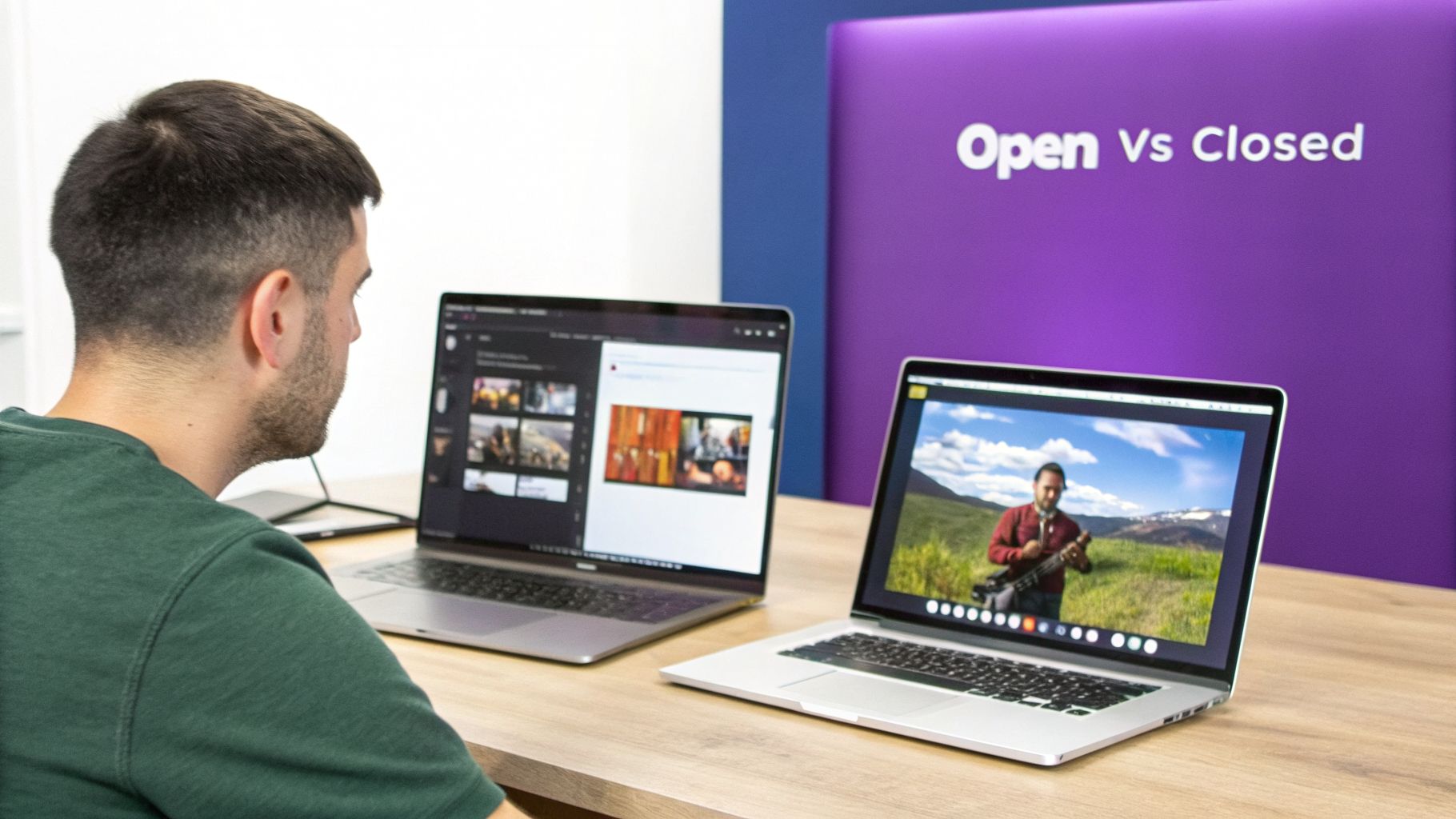 A man views two laptops on a desk, one displaying a video, with 'Open Vs Closed' on a purple wall.